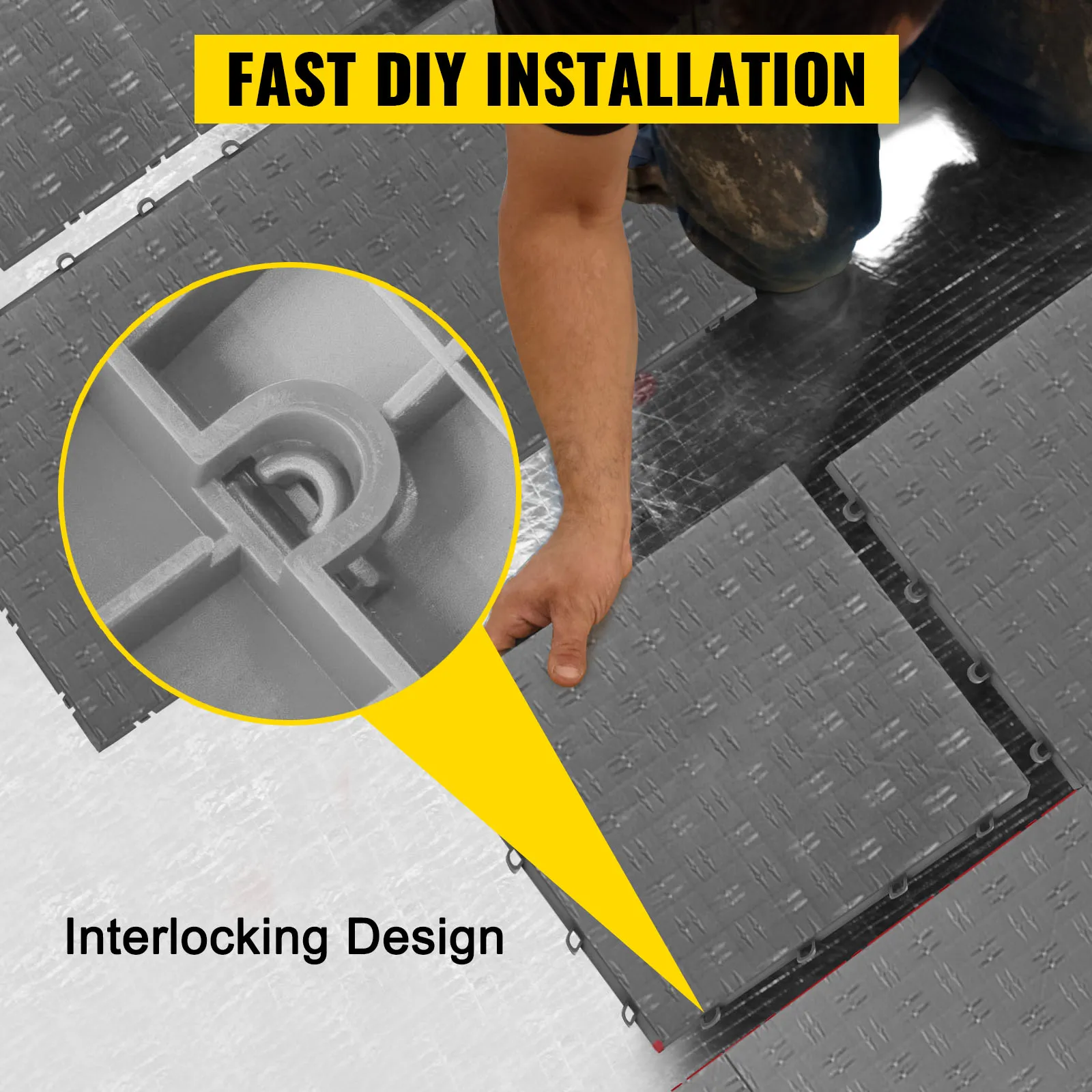 Persona que instala baldosas de garaje VEVOR con diseño entrelazado, destacando la fácil instalación de bricolaje.