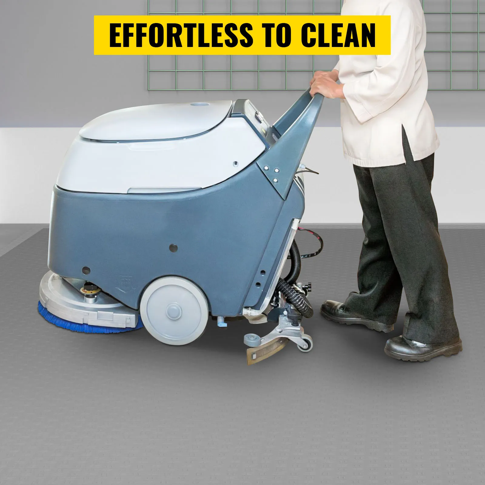 Persona limpiando baldosas de garaje VEVOR con una máquina; texto "sin esfuerzo para limpiar" arriba.