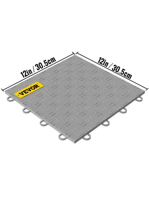 Azulejos de garaje VEVOR grises, 12 x 12 pulgadas con patrón de placa de diamante y bordes entrelazados.