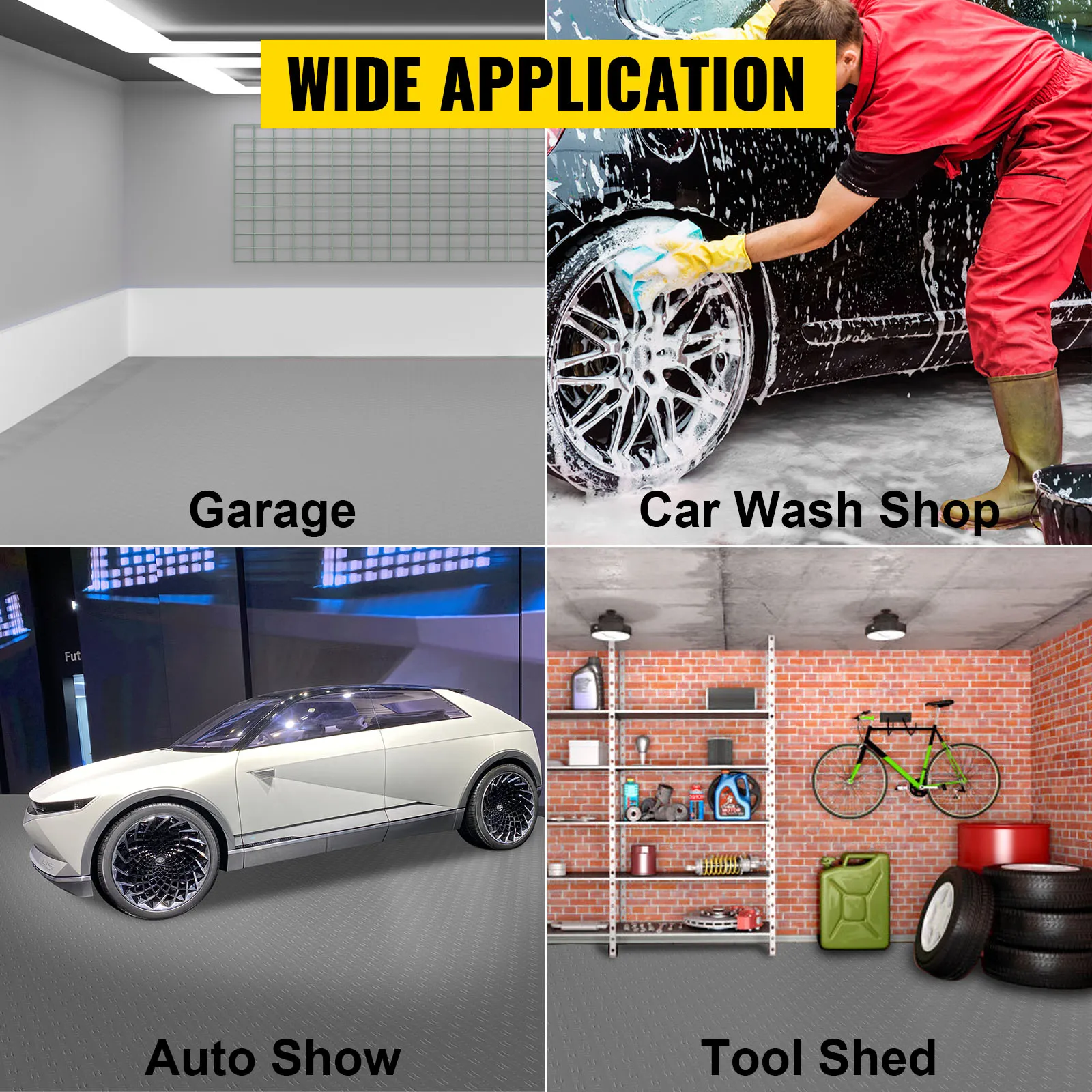 Amplia aplicación de las baldosas de garaje VEVOR en garajes, talleres de lavado de coches, exposiciones de automóviles y cobertizos de herramientas.