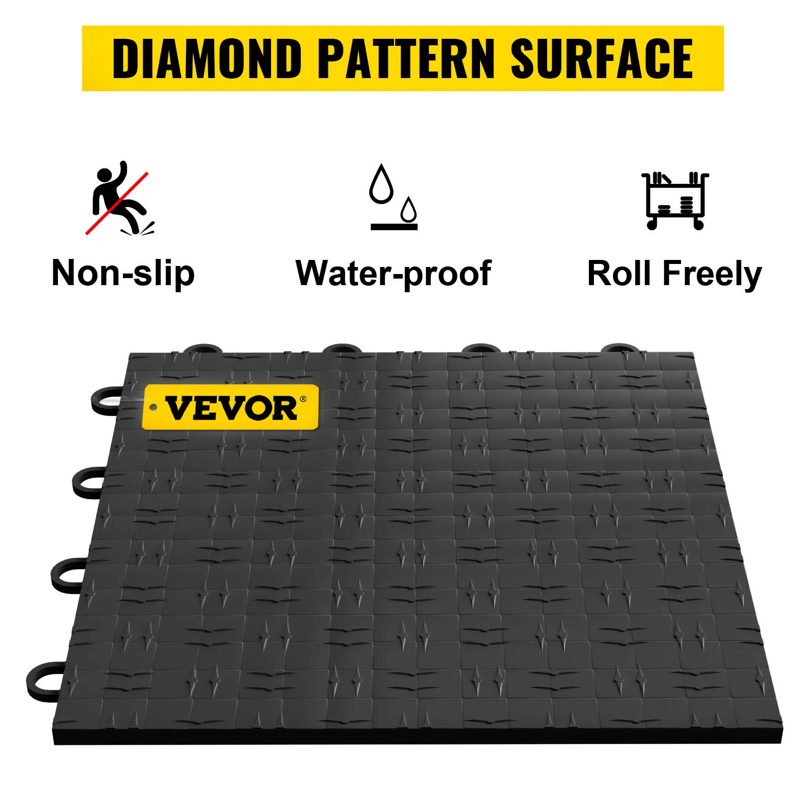 Azulejos de garaje VEVOR: antideslizantes, impermeables, superficie con patrón de diamantes para facilitar su rodamiento.