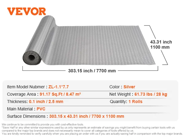 VEVOR garage floor mat in silver, 91.17 sq ft, pvc, 303.15 x 43.31 inches.