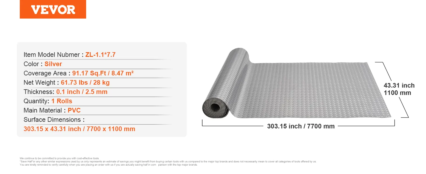 VEVOR garage floor mat in silver, 91.17 sq ft, pvc, 303.15 x 43.31 inches.
