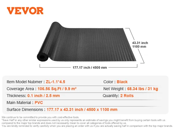 VEVOR garage floor mats, black, pvc, 106.56 sq.ft, 2 rolls, 177.17x43.31 inches.