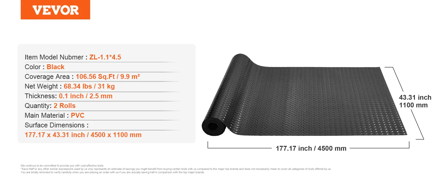 VEVOR garage floor mats, black, pvc, 106.56 sq.ft, 2 rolls, 177.17x43.31 inches.