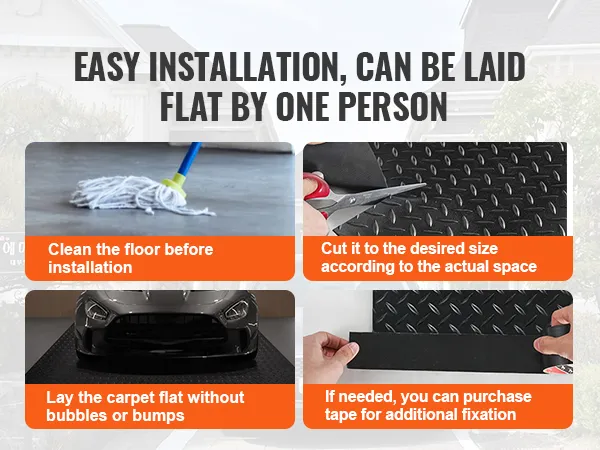 effortless installation of VEVOR garage floor mats: clean, cut, lay, and tape if needed.