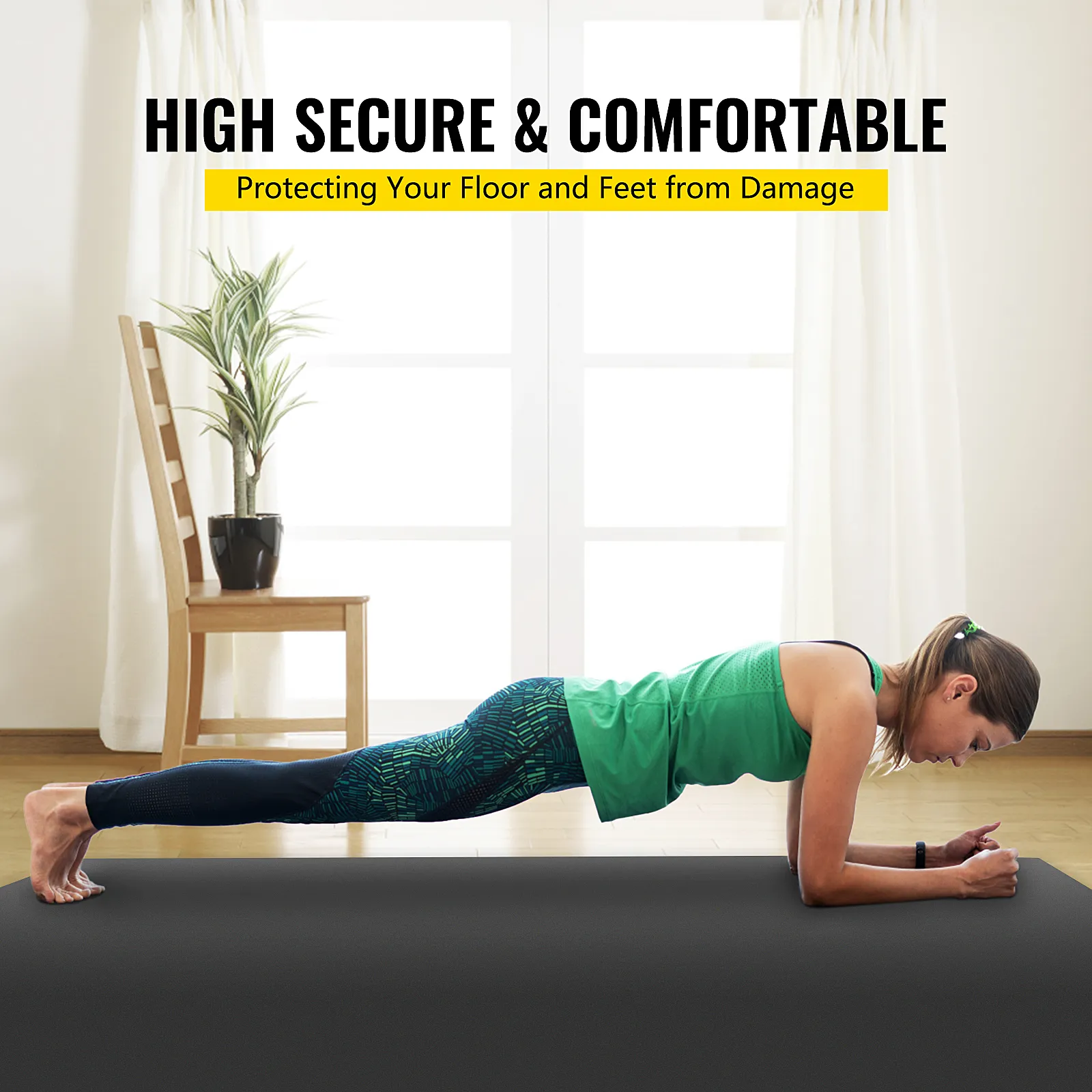 person planking on VEVOR dance floor in a living room with a chair and plant.