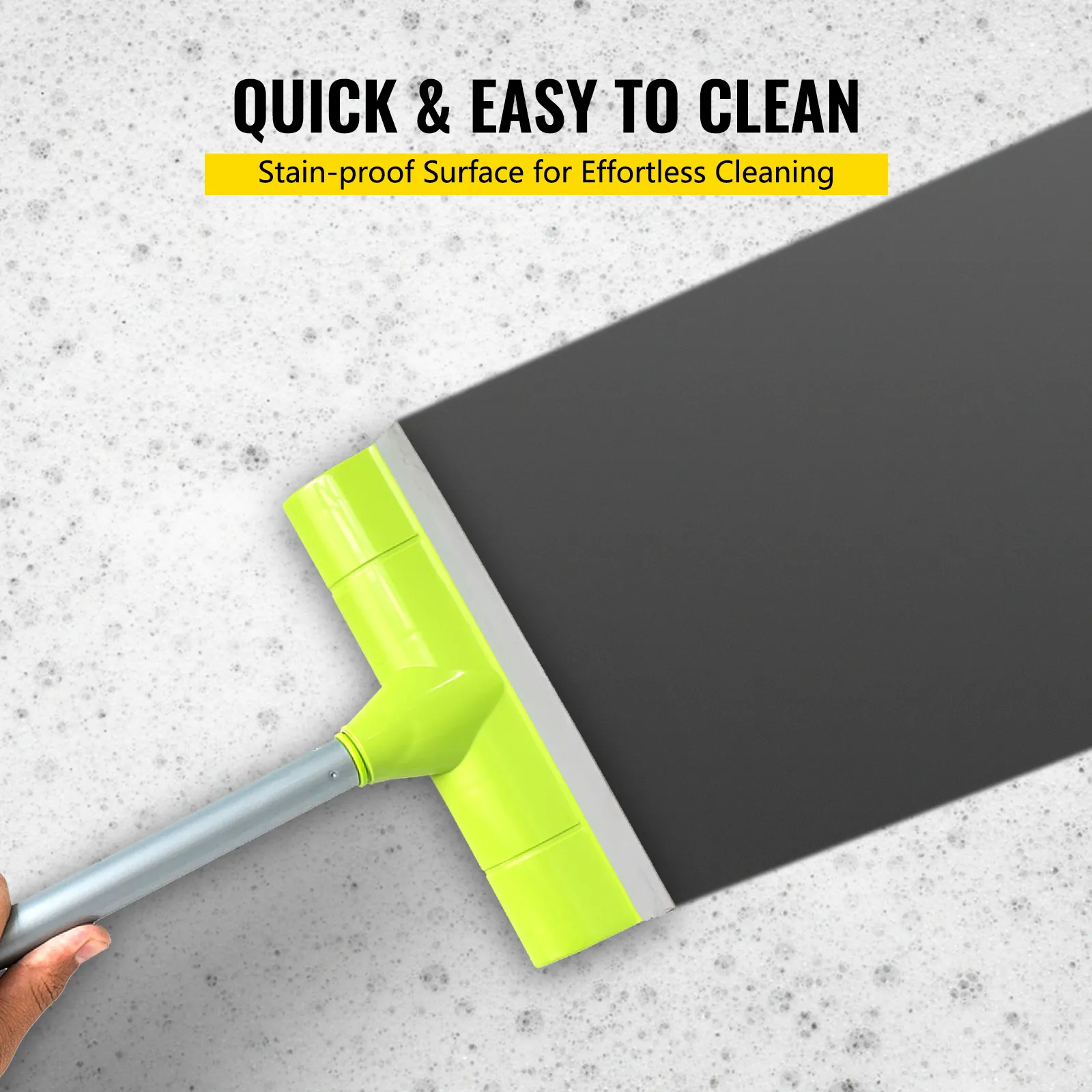 cleaning a stain-proof VEVOR dance floor with a green mop, highlighting easy maintenance.
