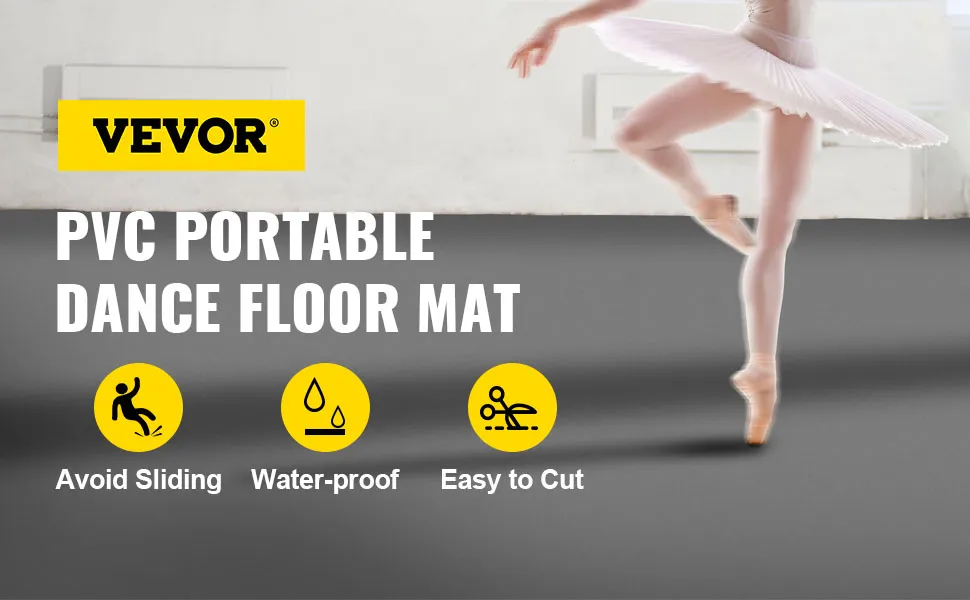 VEVOR dance floor pvc portable mat showcasing dancer, features: anti-slip, waterproof, cuttable.
