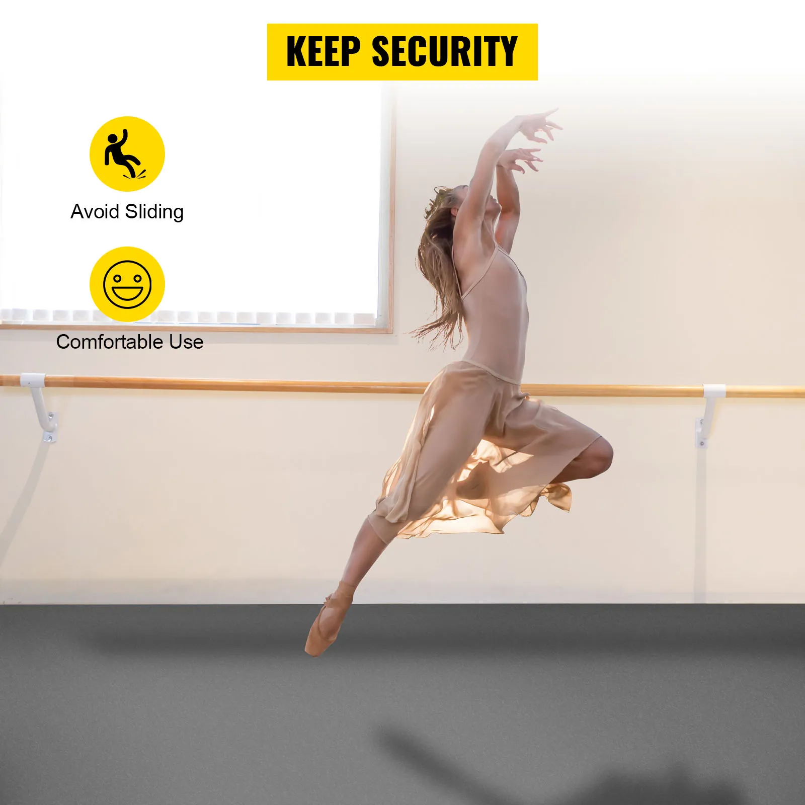 dancer leaping in studio on VEVOR dance floor, promoting safety and comfort. avoid sliding.