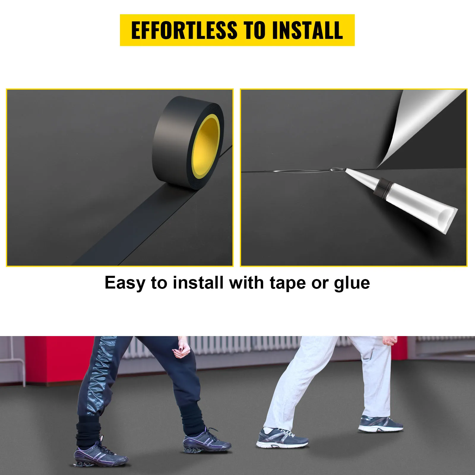 VEVOR dance floor installation with tape or glue, demonstrating effortless setup.