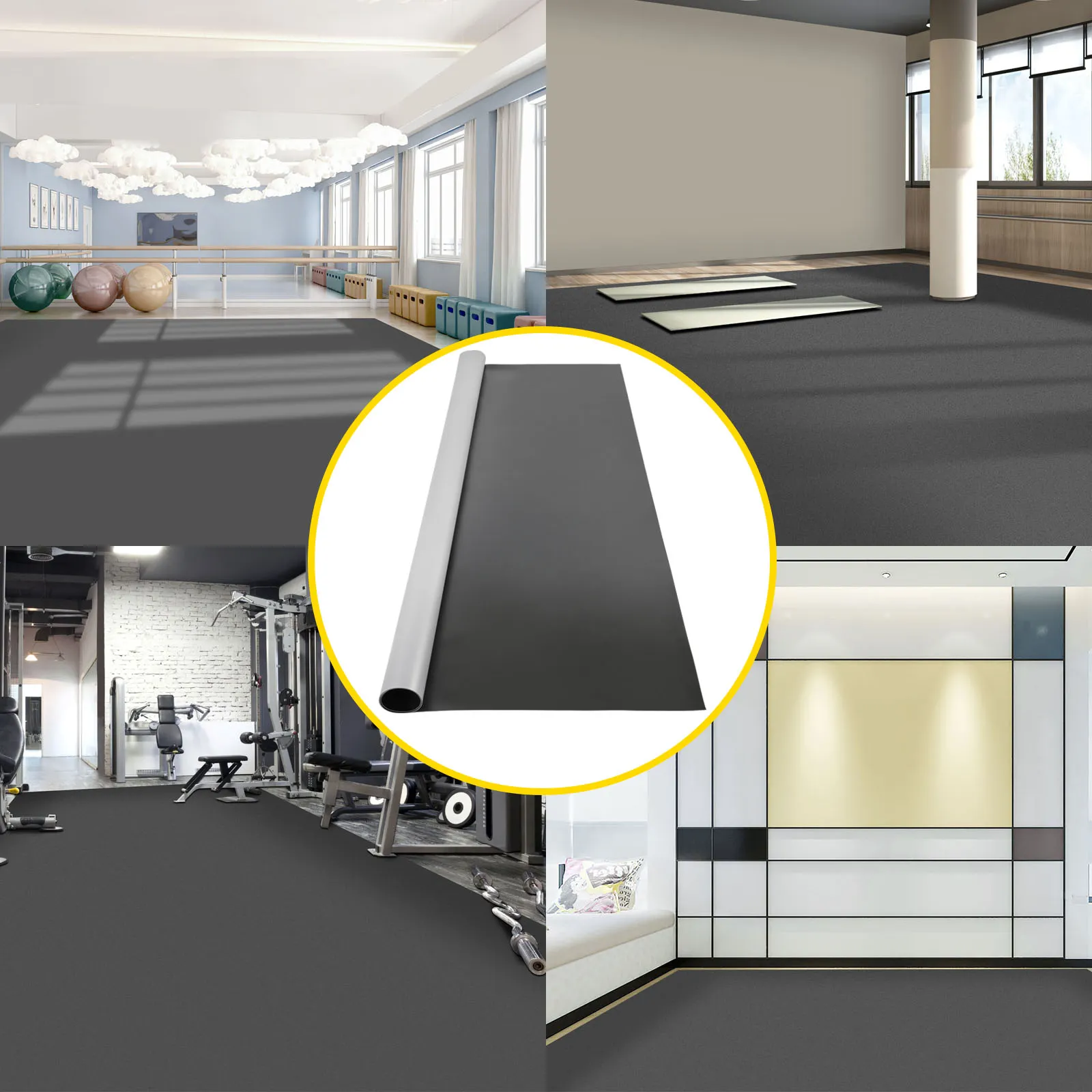 VEVOR dance floor used in various settings: gym, studio, and modern interior.