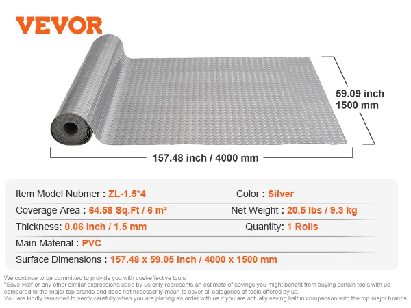 VEVOR garage floor mat, 64.58 sq.ft, pvc, silver, 157.48 x 59.09 inches.