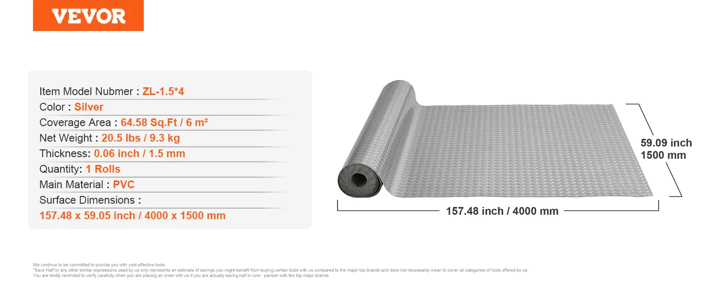 VEVOR garage floor mat, 64.58 sq.ft, pvc, silver, 157.48 x 59.09 inches.