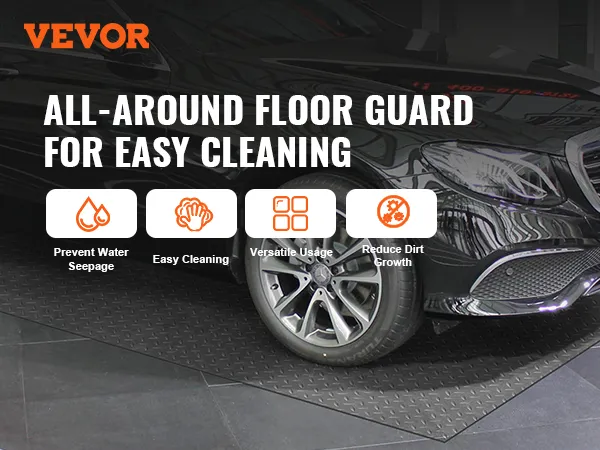 VEVOR garage floor mat under black car, promoting prevention of water seepage and easy cleaning.