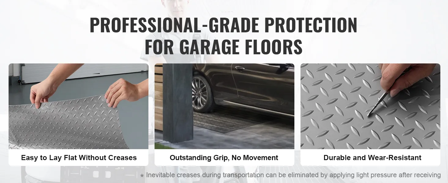 VEVOR garage floor mat: easy to lay flat, outstanding grip, durable and wear-resistant.