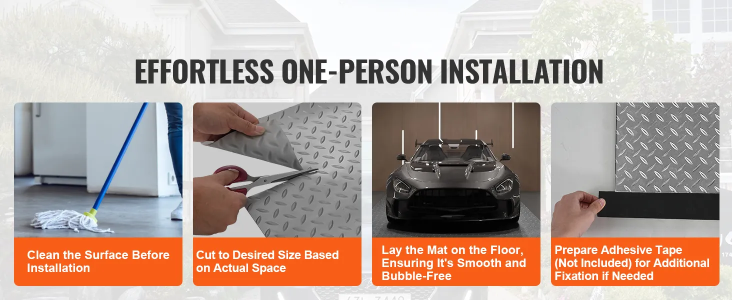 effortless one-person installation of VEVOR garage floor mat with four step guide.