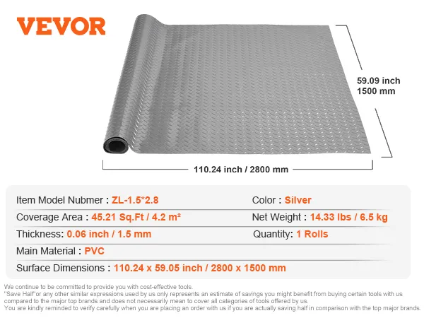VEVOR garage floor mat, silver, pvc, 45.21 sq.ft coverage, 110.24x59.09 inches.