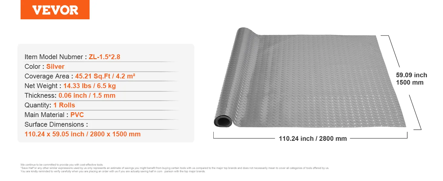 VEVOR garage floor mat, silver, pvc, 45.21 sq.ft coverage, 110.24x59.09 inches.