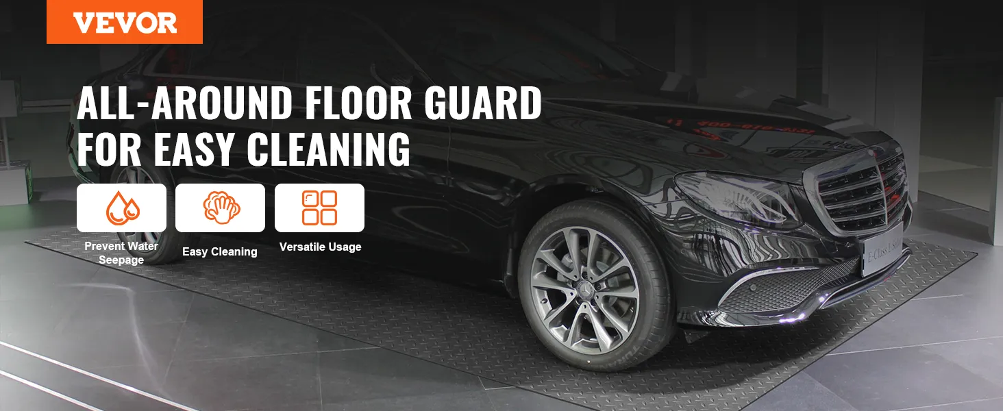 Alfombrilla de garaje VEVOR que muestra un automóvil negro y resalta su fácil limpieza y versatilidad.