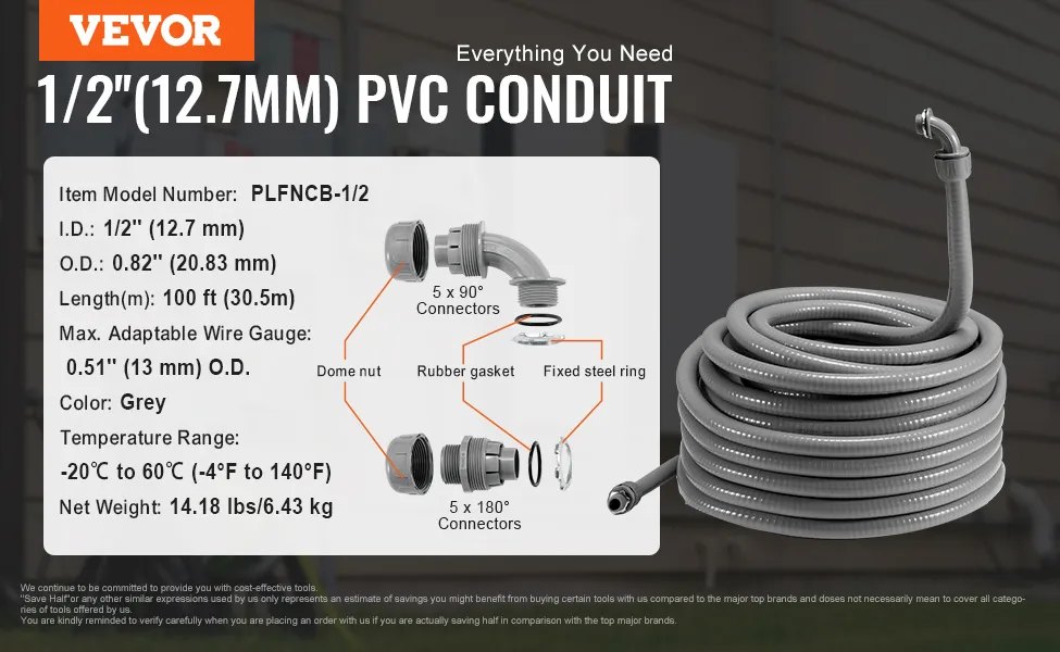 VEVOR flexible electrical conduit 1/2" pvc, 100ft length, grey, connectors, and specifications.