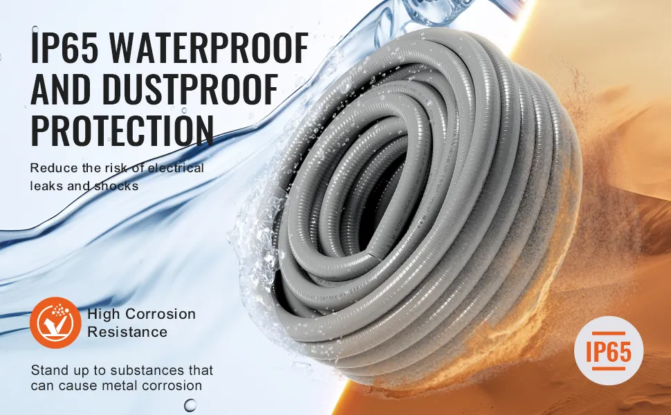 VEVOR flexible electrical conduit with ip65 waterproof and dustproof protection displayed alongside water and dust.