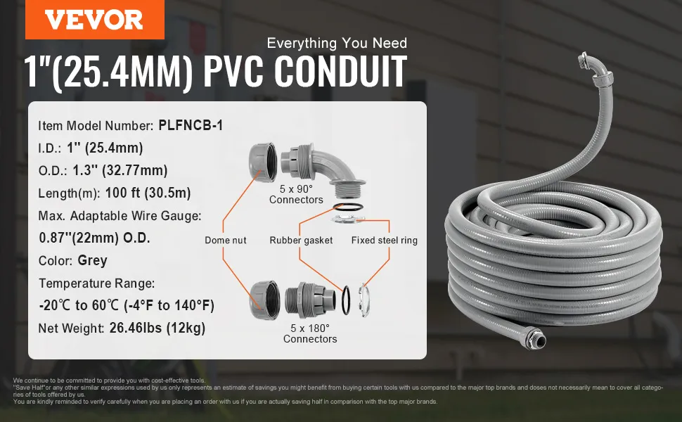 VEVOR pvc liquid-tight conduit, 1'' (25.4mm) id, 1.3'' (32.77mm) od, 100 ft length, grey color, connectors.