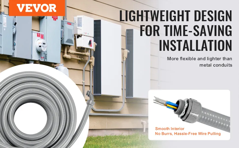 VEVOR pvc liquid-tight conduit coiled next to electrical boxes on a beige wall, highlighting flexibility.