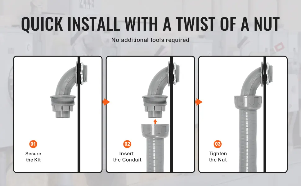 quick installation steps for VEVOR pvc liquid-tight conduit: secure the kit, insert conduit, tighten nut.