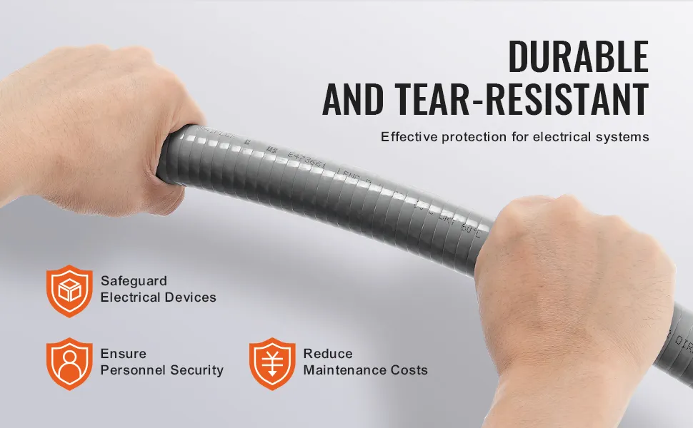 hands holding durable VEVOR pvc liquid-tight conduit, emphasizing electrical system protection benefits.