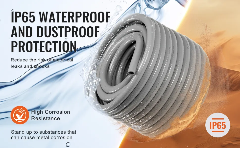 VEVOR pvc liquid-tight conduit providing ip65 waterproof and dustproof protection with high corrosion resistance.