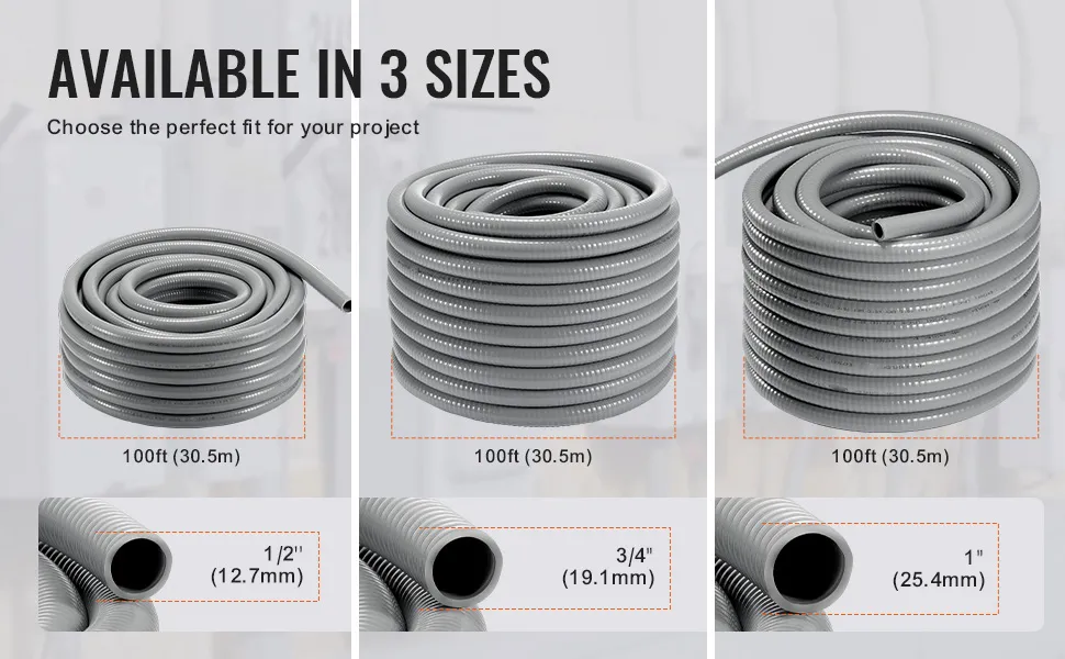 VEVOR pvc liquid-tight conduit, 3 sizes: 1/2" (12.7mm), 3/4" (19.1mm), 1" (25.4mm), 100ft (30.5m) each