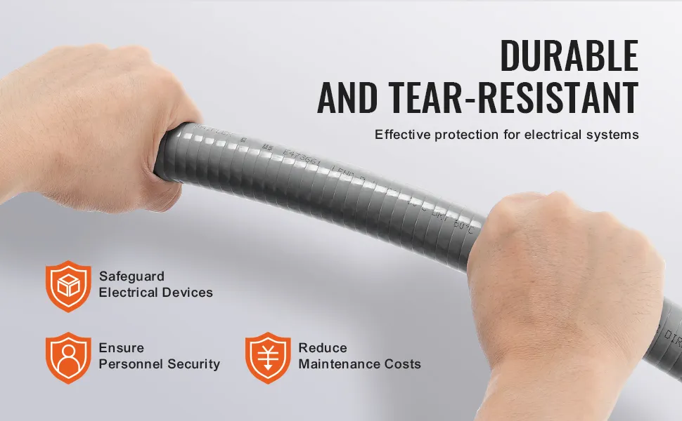 VEVOR flexible electrical conduit held between two hands with icons highlighting features like durability.