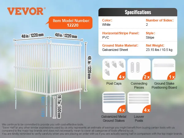 specifications and contents of VEVOR vinyl privacy fence panels with dimensions and components displayed.