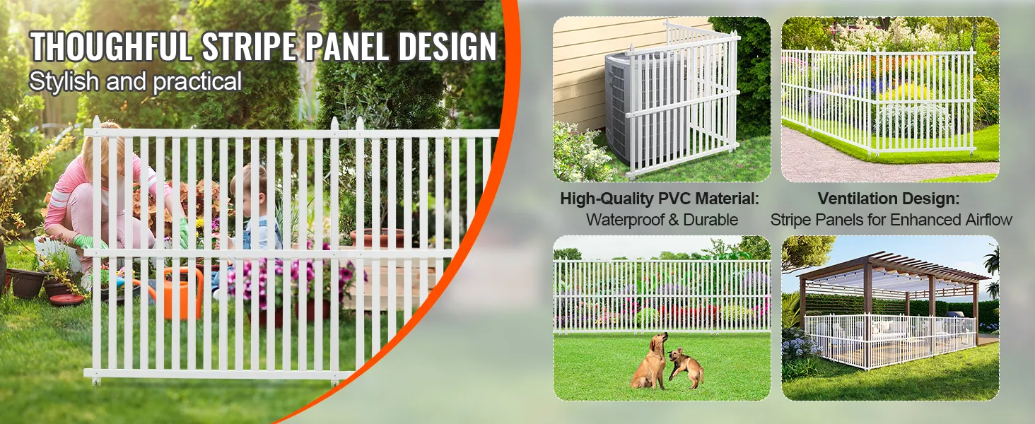 VEVOR vinyl privacy fence panels: stylish white pvc material, waterproof, durable, ventilation design.