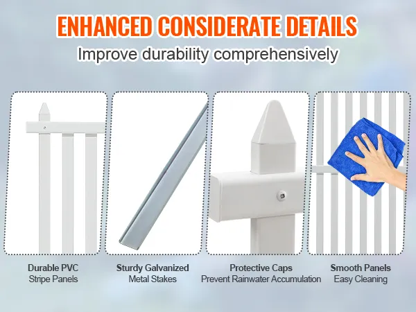 enhanced details of VEVOR vinyl privacy fence panels featuring pvc stripes, galvanized metal stakes, caps, and easy-to-clean.