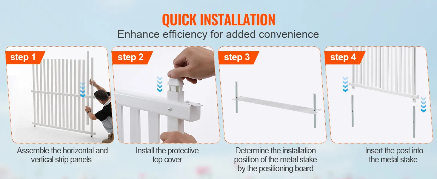 quick installation guide for VEVOR vinyl privacy fence panels showing four detailed assembly steps.