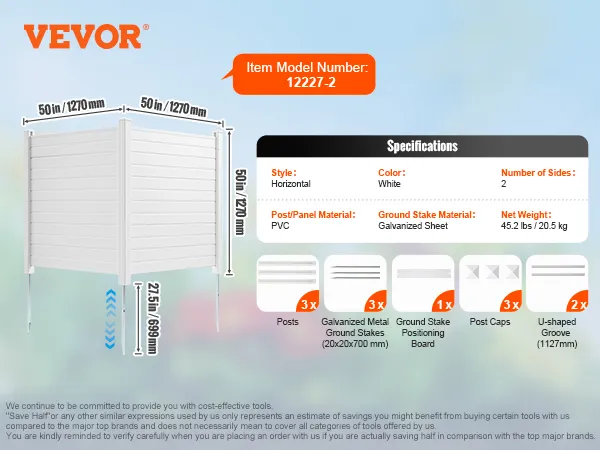 VEVOR outdoor privacy screen dimensions and specifications, including material, weight, and accessories.
