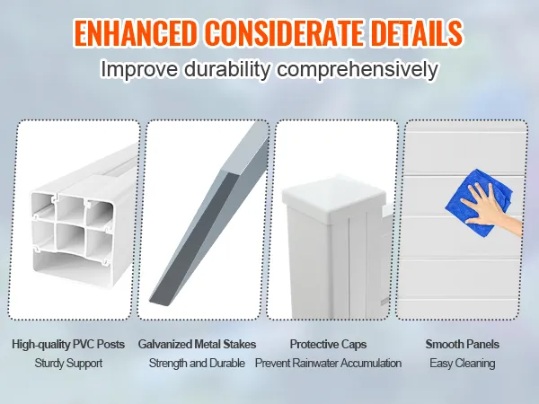 VEVOR outdoor privacy screen features pvc posts, metal stakes, protective caps, and easy-to-clean panels.