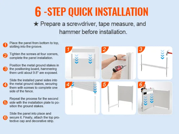 6-step quick installation guide for VEVOR outdoor privacy screen with illustrations and detailed instructions.