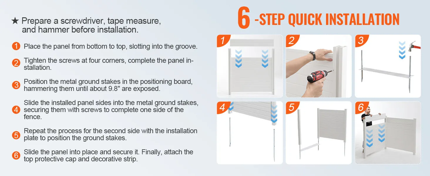 6-step quick installation guide for VEVOR outdoor privacy screen with illustrations and detailed instructions.