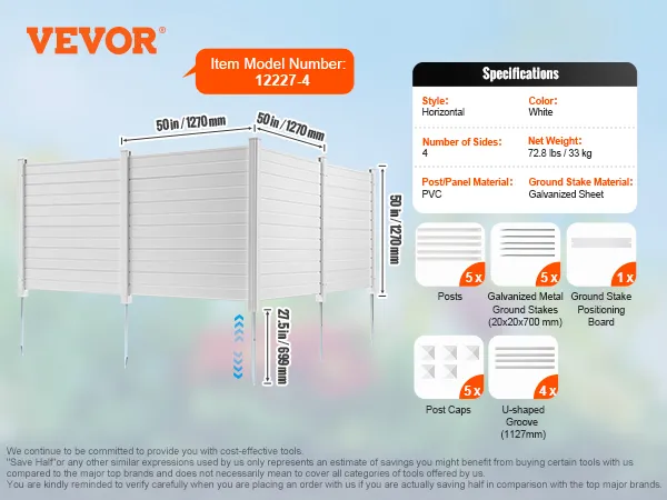 VEVOR privacy screens specifications in white pvc with galvanized sheet stakes and assembly components.