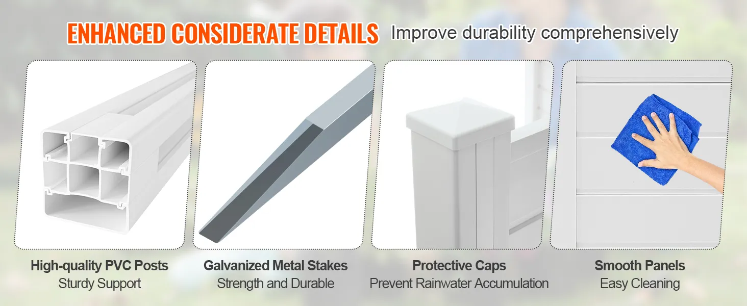 enhanced durability of VEVOR privacy screens: pvc posts, metal stakes, protective caps, and smooth panels.