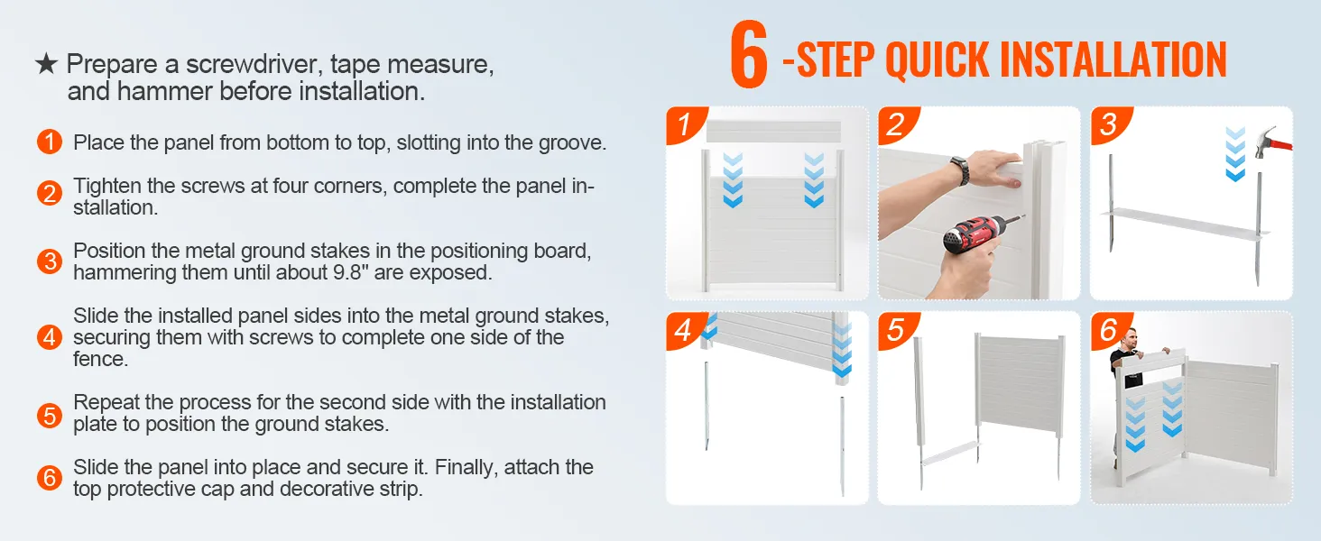 six-step installation guide for VEVOR privacy screens with screwdriver, tape measure, and hammer.