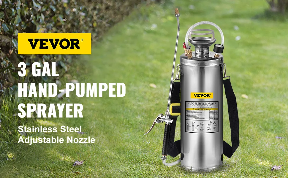 VEVOR stainless steel sprayer with adjustable nozzle on grass lawn.