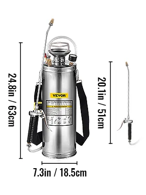 VEVOR stainless steel sprayer, dimensions: 24.8in/63cm height, 7.3in/18.5cm width.