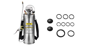 VEVOR stainless steel sprayer with accessories including multiple o-rings and nozzles.