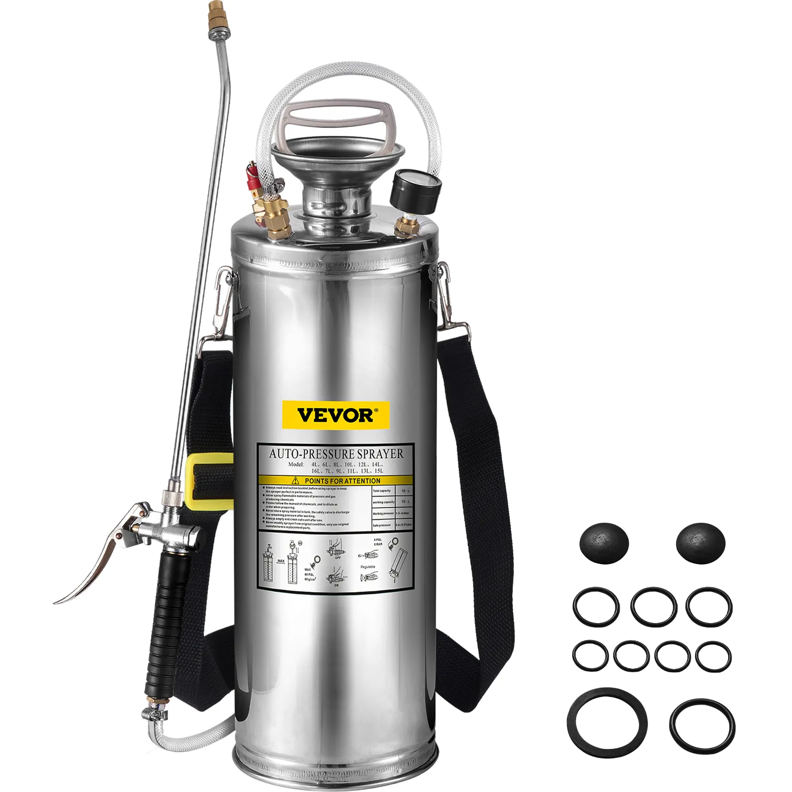 VEVOR stainless steel sprayer with shoulder strap and included nozzle accessories.