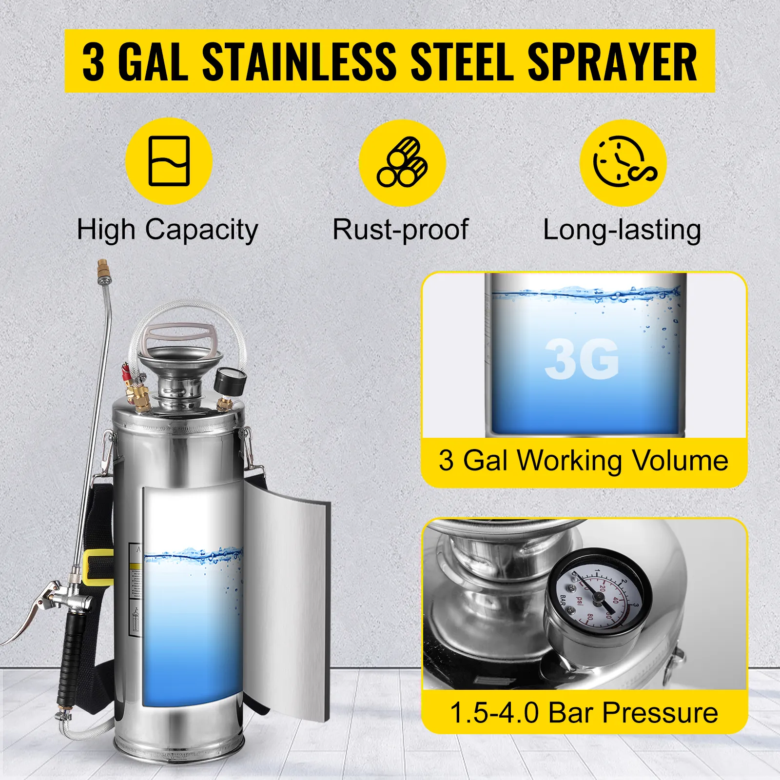 VEVOR stainless steel sprayer with 3-gal capacity, rust-proof, and 1.5-4.0 bar pressure.