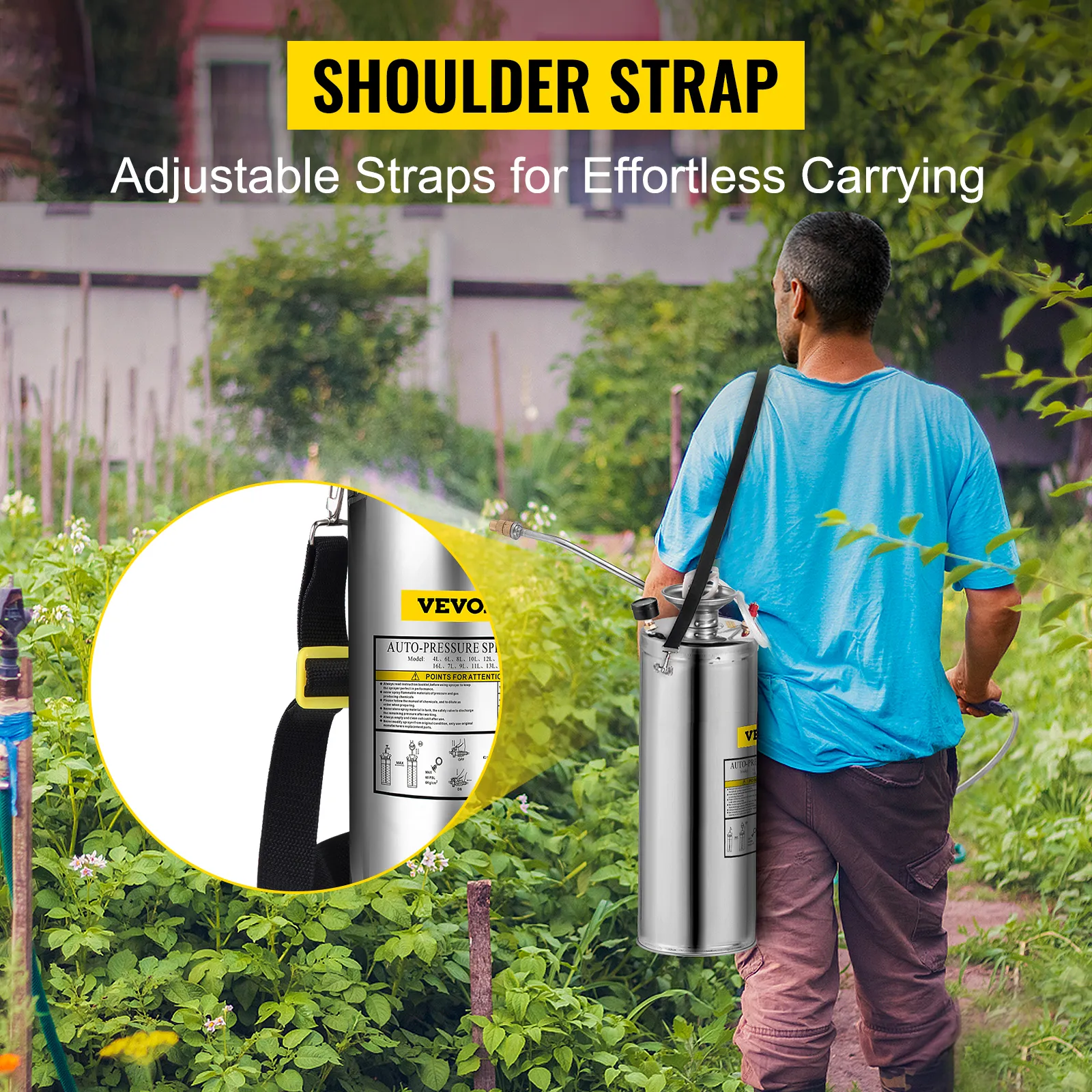 VEVOR stainless steel sprayer with adjustable shoulder strap for effortless garden use.